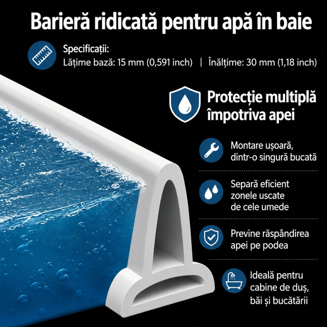 Bandă din Silicon Opritoare de Apa 1,5 m – Ideală pentru Duș, Chiuvetă și Balcon
