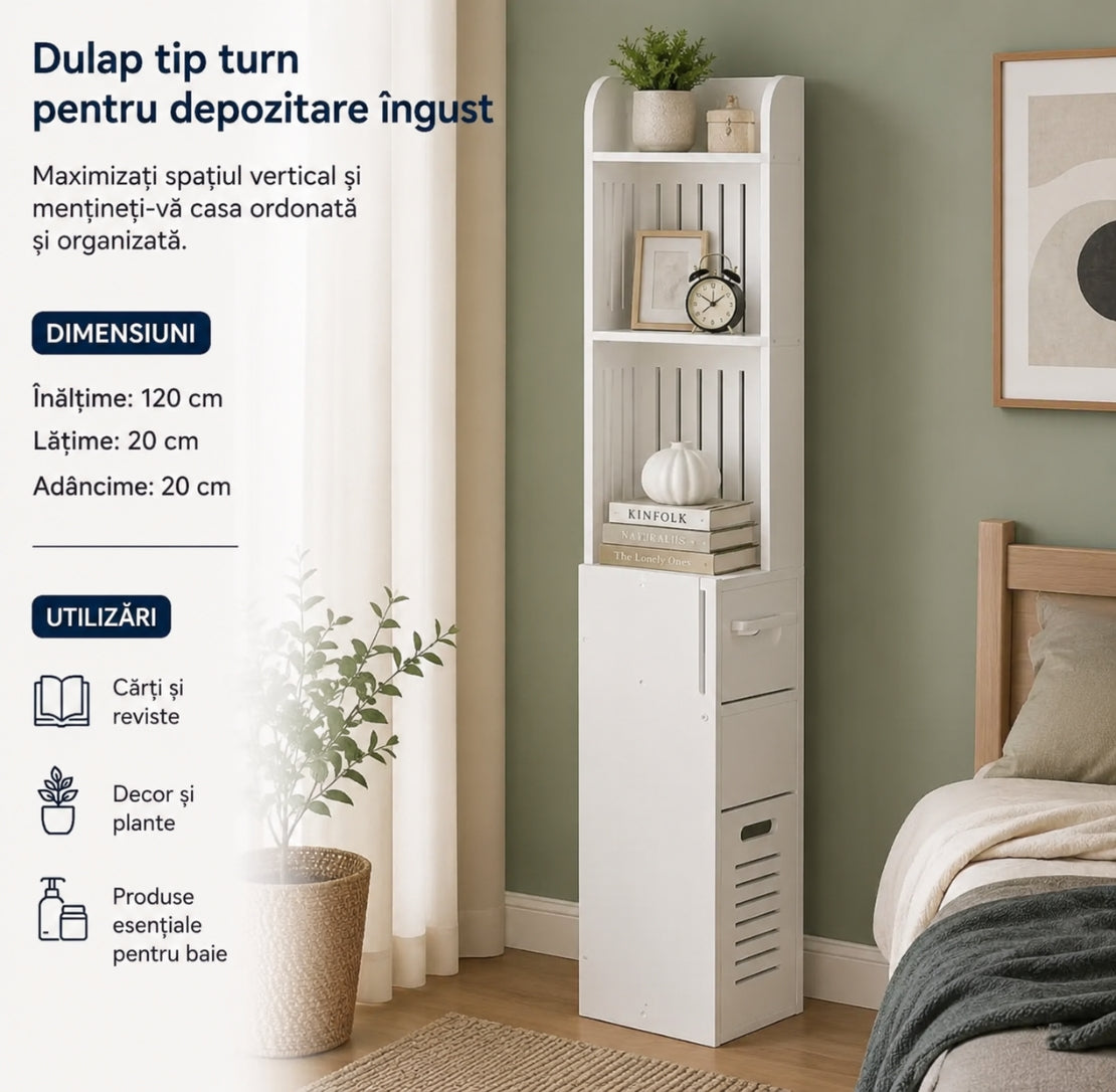 Dulap Pentru Casa MDF cu 6 Rafturi și Coș  – Organizare Inteligentă pentru Spații Mici 120x20x20