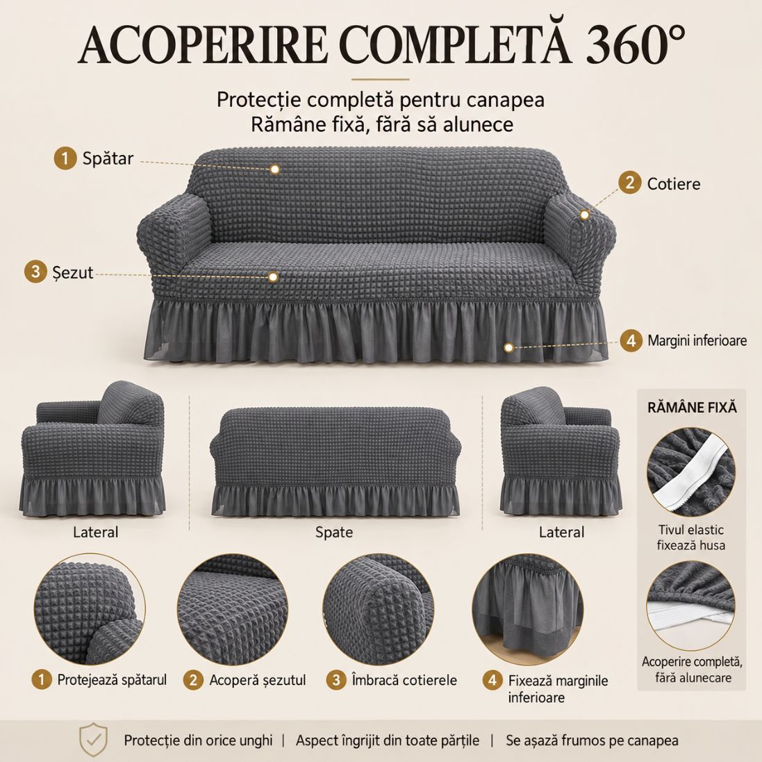Husă Elastică pentru Canapea 3 Locuri cu Volane – Textură Creponată, Design Elegant