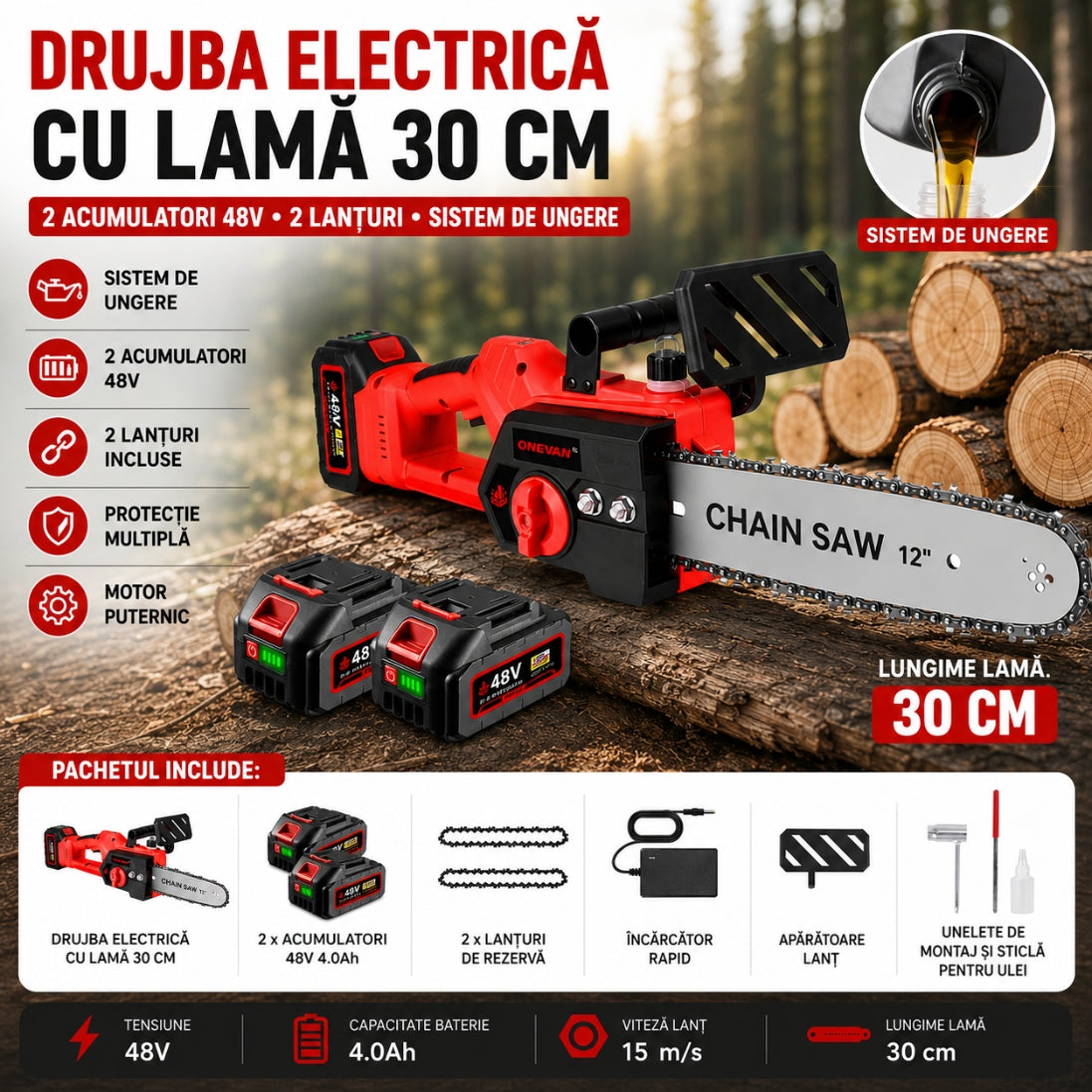 Drujbă Electrică cu Acumulator și Lamă de 30 cm – 2 Acumulatori 48V, 2 Lanțuri și Sistem de Ungere
