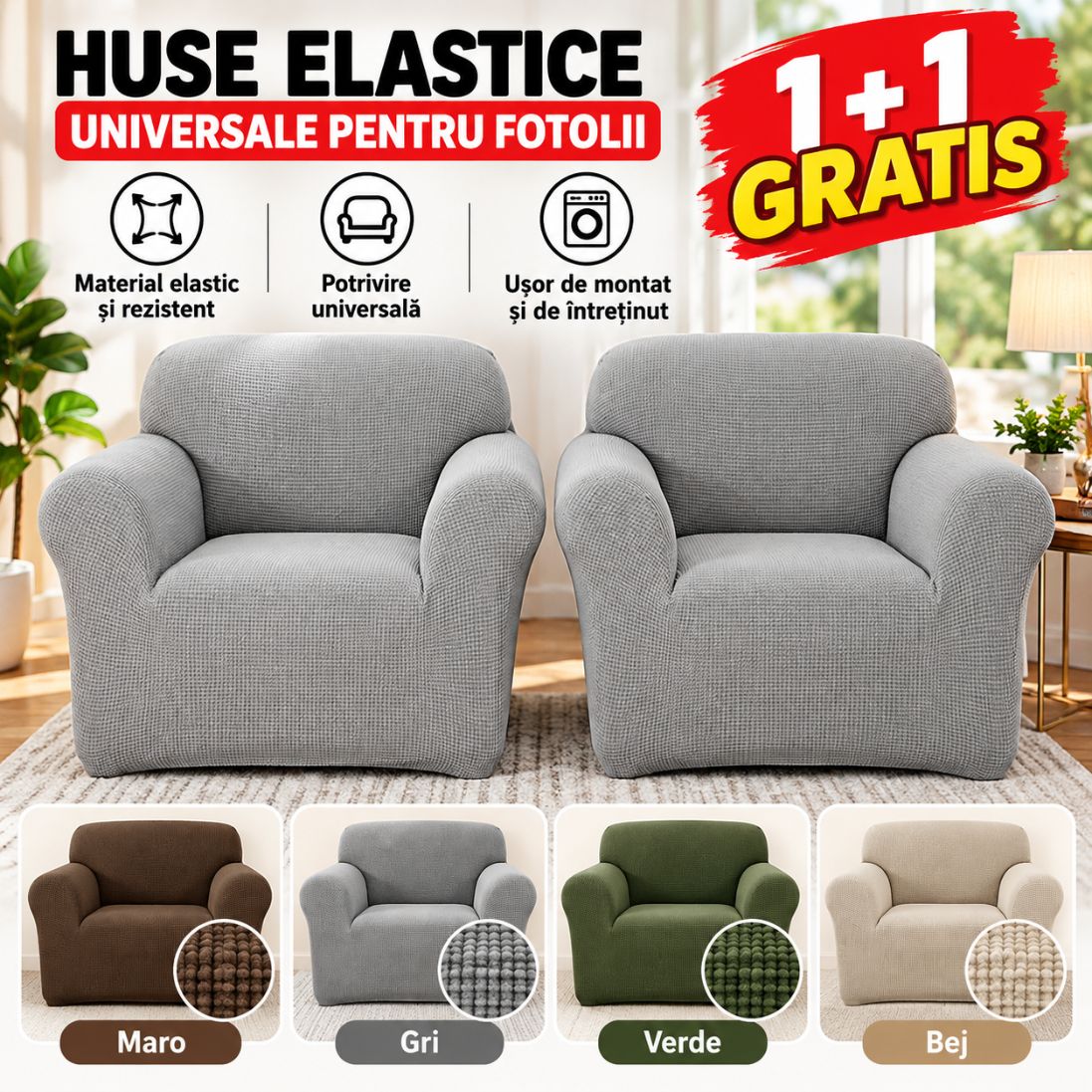 Huse Elastice Universale pentru Fotolii – Ofertă 1+1 GRATIS !! Protecție și Aspect Nou