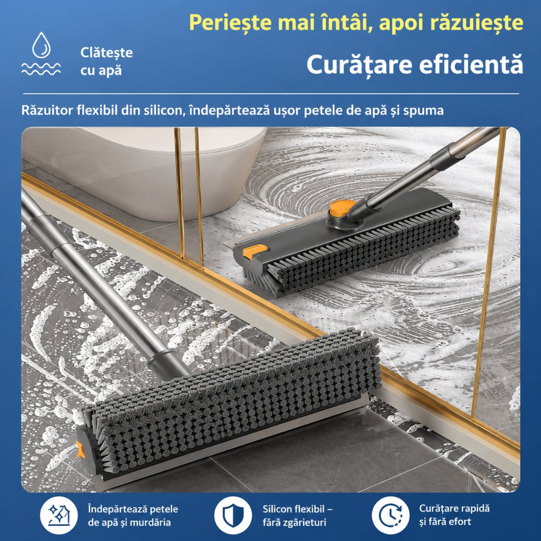 Perie de Curățat 3 în 1 cu Mâner Lung – Cap Rotativ 180°, Ideală pentru Podele, Rosturi și Colțuri