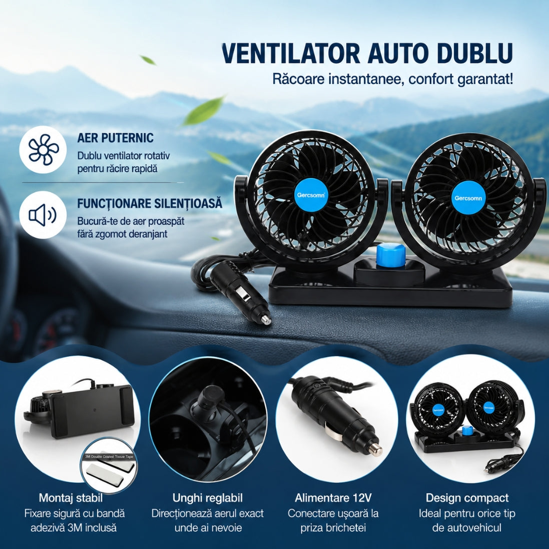 Ventilator Dublu pentru Mașină cu Alimentare la Brichetă 12V – 2 Trepte de Viteză și Rotație 360°