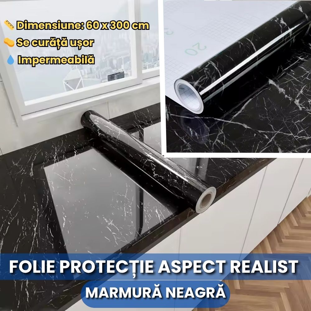 Folie Autocolantă Marmură Neagră/Alba – 60x300 cm, Rezistentă & Realistă