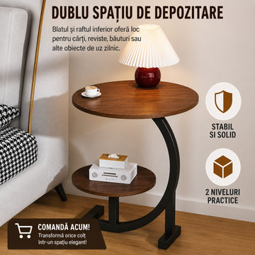 Măsuță Modernă cu 2 Nivele – Cadru Metalic si Lemn. Eleganță și Utilitate în Orice Cameră!