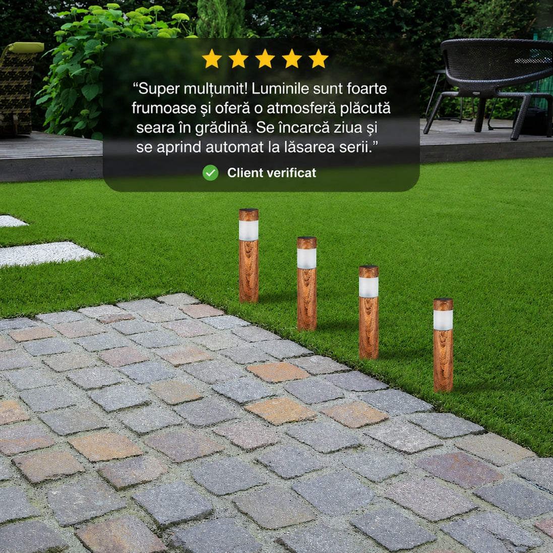 Set 4 Lămpi Solare LED Tip Lemn 38CM – Iluminare Elegantă pentru Curte și Grădină!