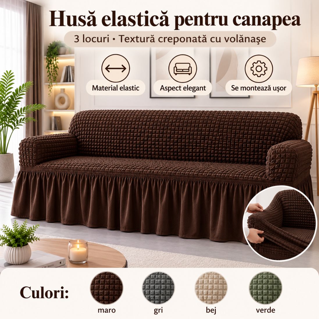 Husă Elastică pentru Canapea 3 Locuri cu Volane – Textură Creponată, Design Elegant