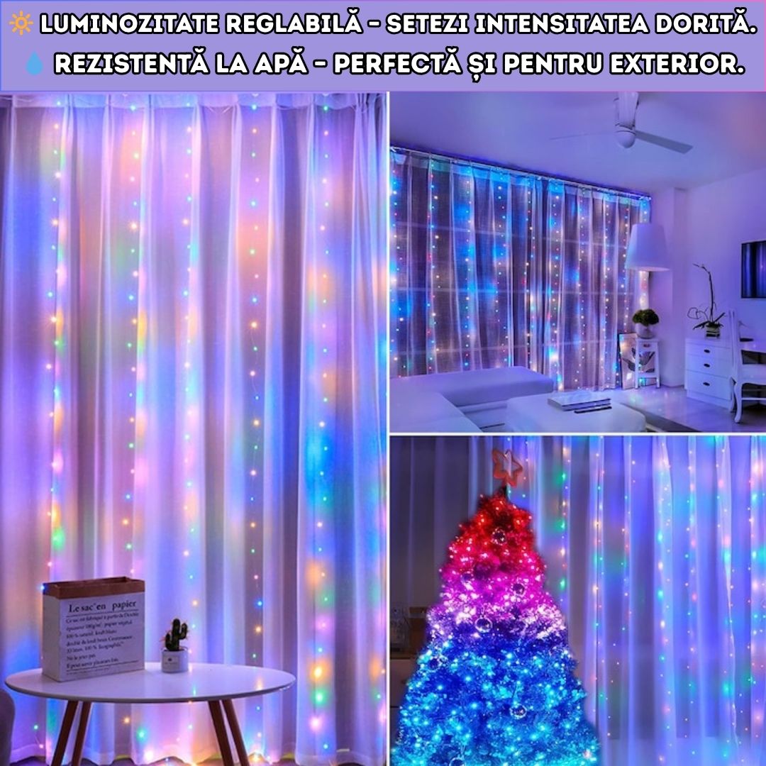 Instalație tip perdea LED 3m x 3m - MULTICOLORA, 300 LED-uri, telecomandă, 8 moduri