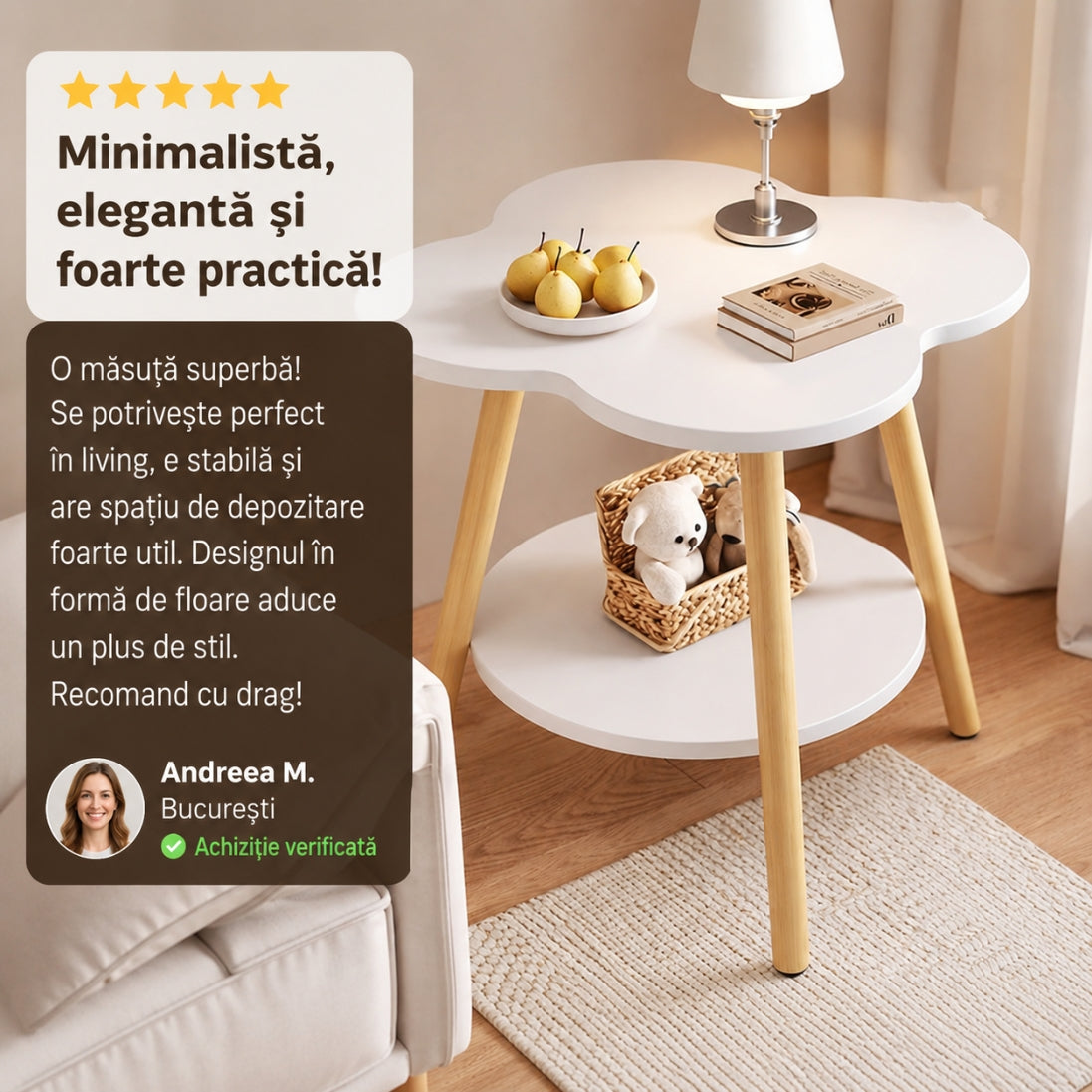 Masa de Cafea in Forma de Floare 50x40x40cm – Blat Alb cu Picioare din Lemn Natural, Design Organic Modern
