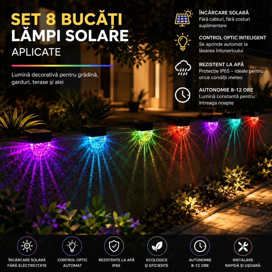 Set 8 Lămpi Solare Multicolore pentru Scări și Trepte – Încărcare Solară, Rezistente la Ploaie, Iluminare Automată