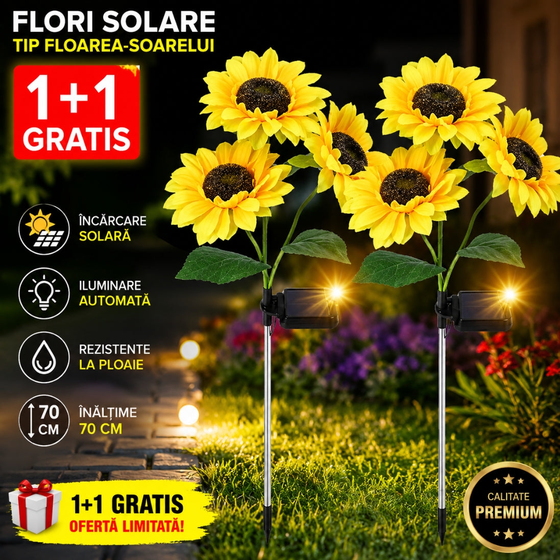 Flori Solare Tip Floarea-Soarelui 70 cm – Iluminare Automată, Rezistente la Ploaie