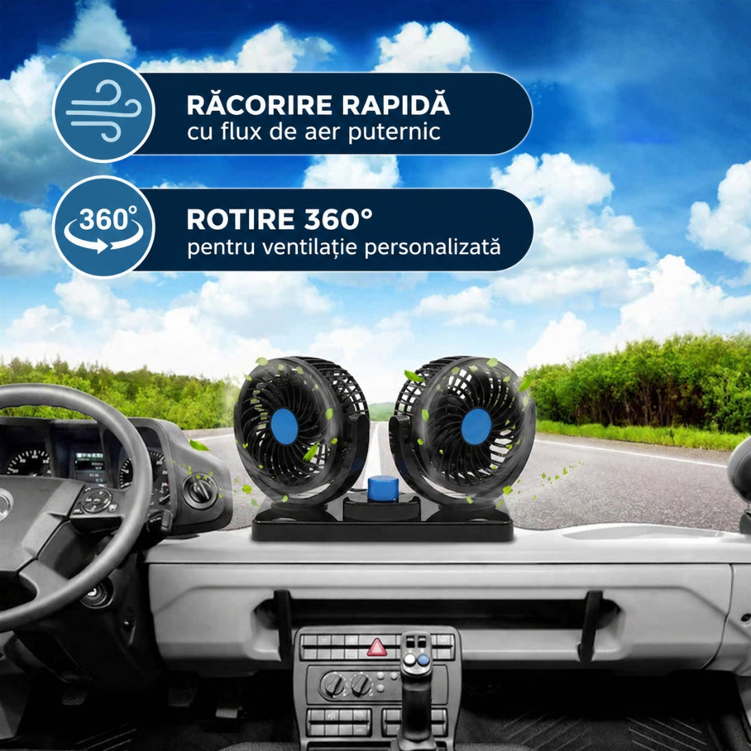 Ventilator Dublu pentru Mașină cu Alimentare la Brichetă 12V – 2 Trepte de Viteză și Rotație 360°