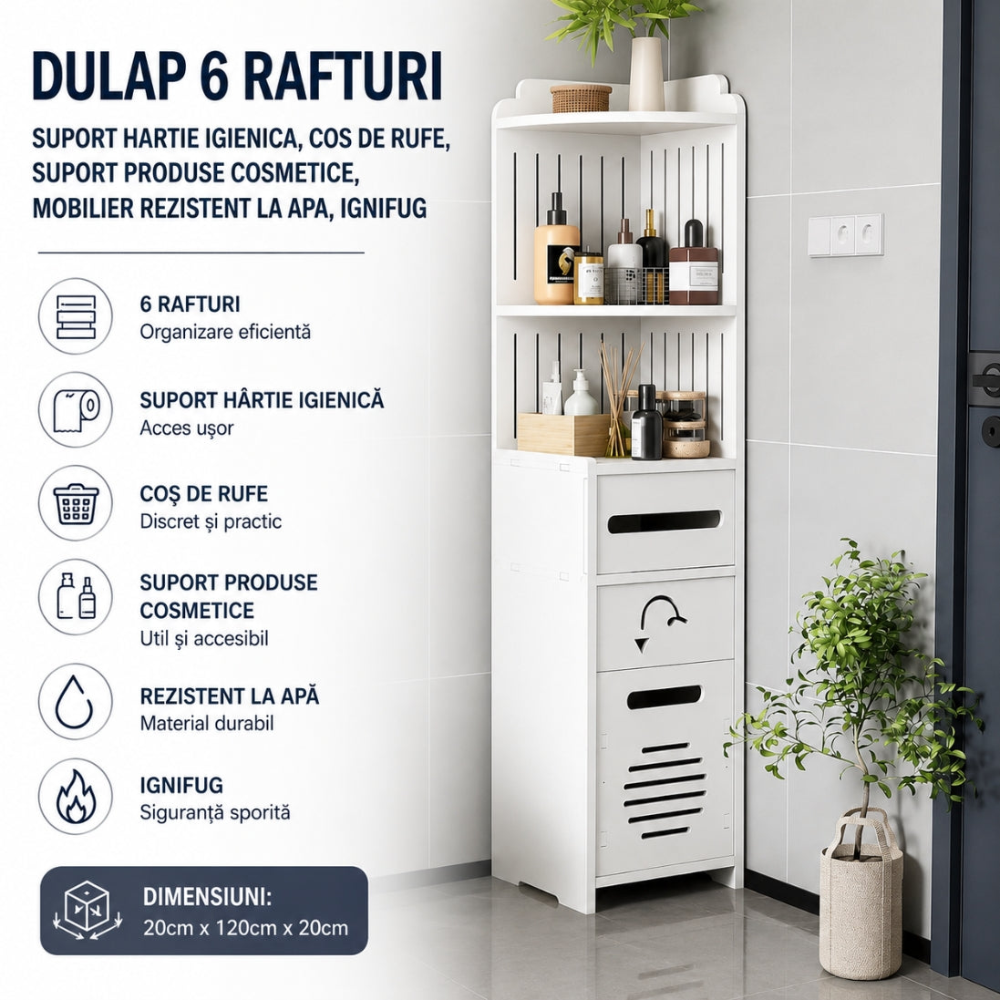 Dulap Pentru Casa MDF cu 6 Rafturi și Coș  – Organizare Inteligentă pentru Spații Mici 120x20x20