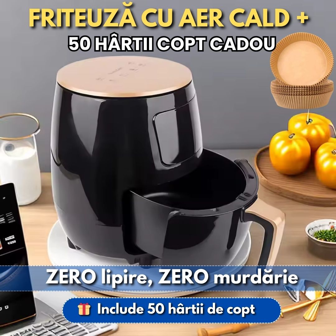 Friteuză cu Aer Cald + 50 Hârtii Cadou – Gătit Fără Ulei & Fără Mizerie