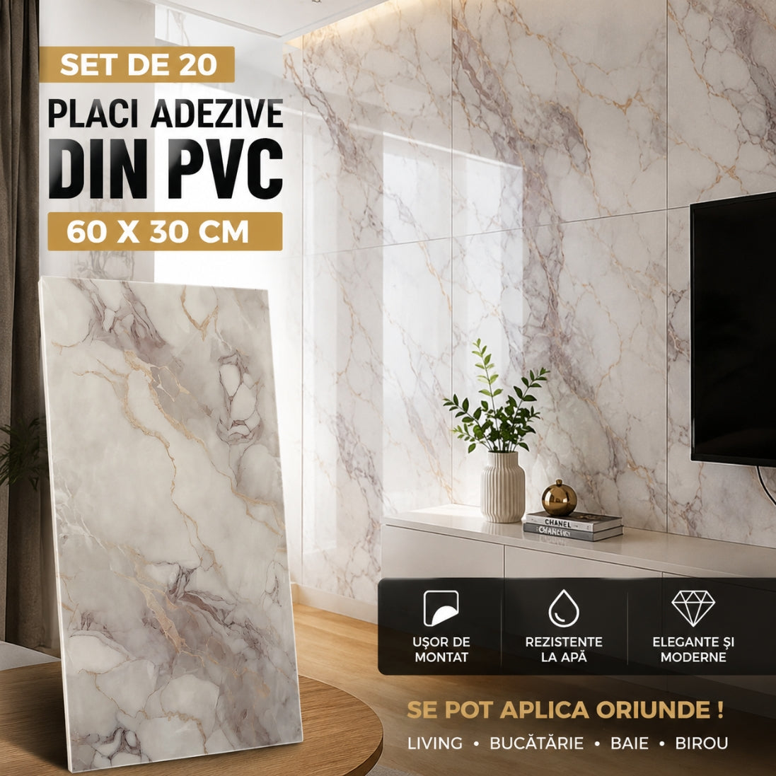Set 20 Plăci Adezive din PVC 60 × 30 cm – Model Marmură Albă cu Inserții Aurii Elegante