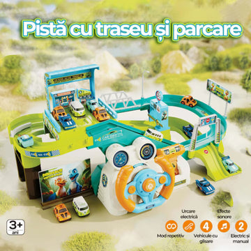 Set Mașinuțe cu Volan, Traseu și Parcare –Jucărie Interactivă, Tematică Dinozauri