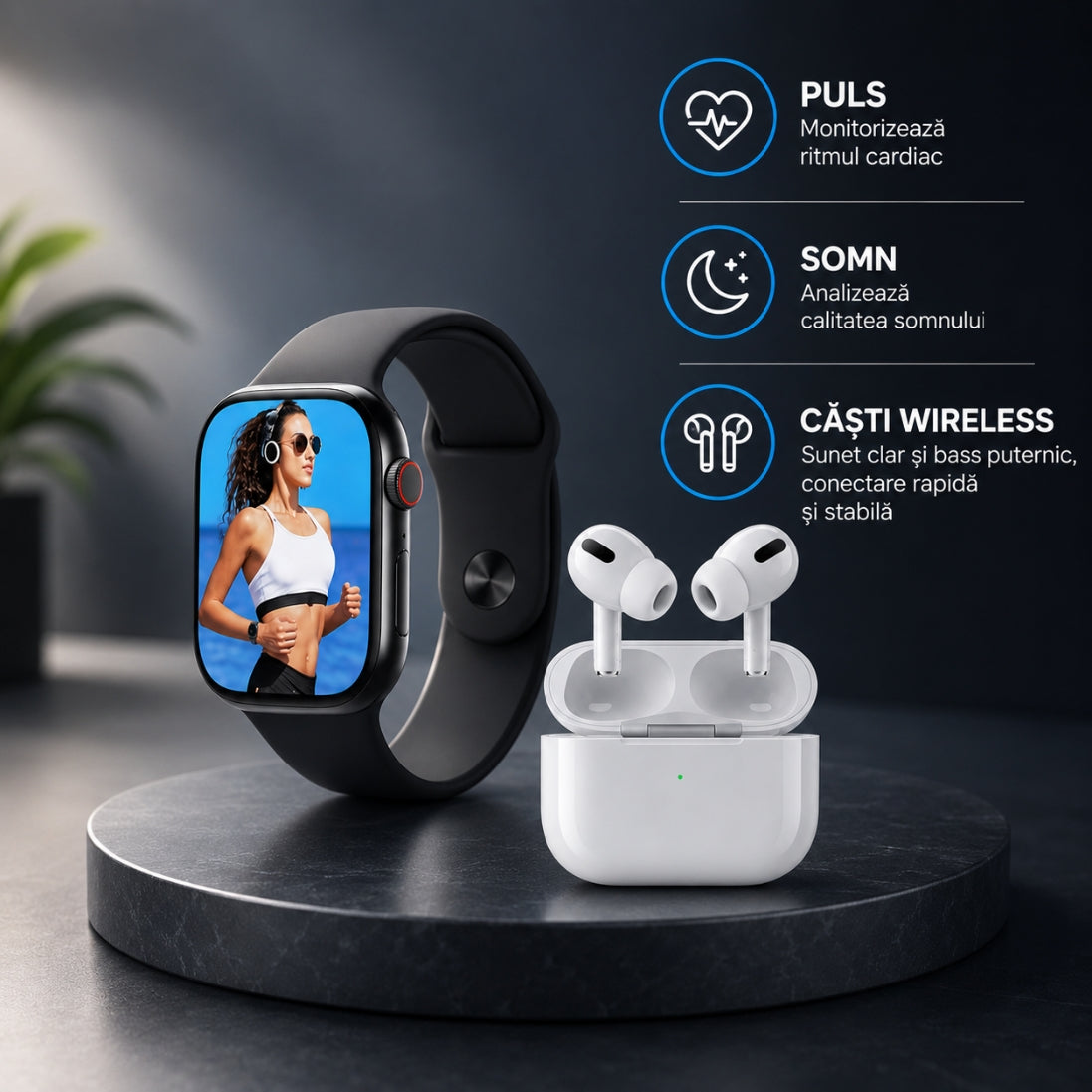 Pachet Ceas Inteligent + Căști Wireless – 7 Curele Cadou, Multiple Funcții, Compatibil cu Orice Telefon
