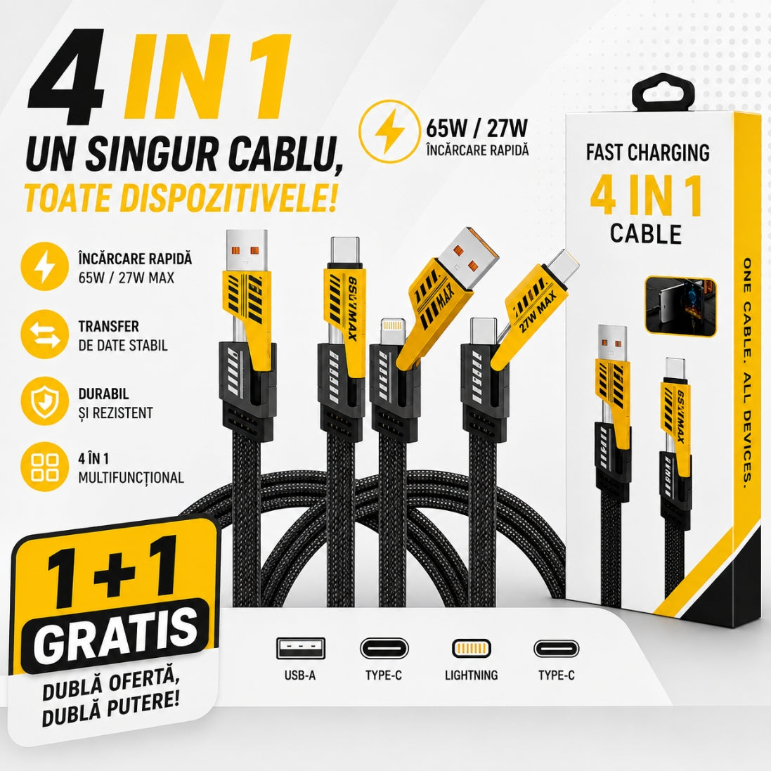 Cablu Incarcare Rapida 4 în 1 – Un Singur Cablu pentru Toate Dispozitivele