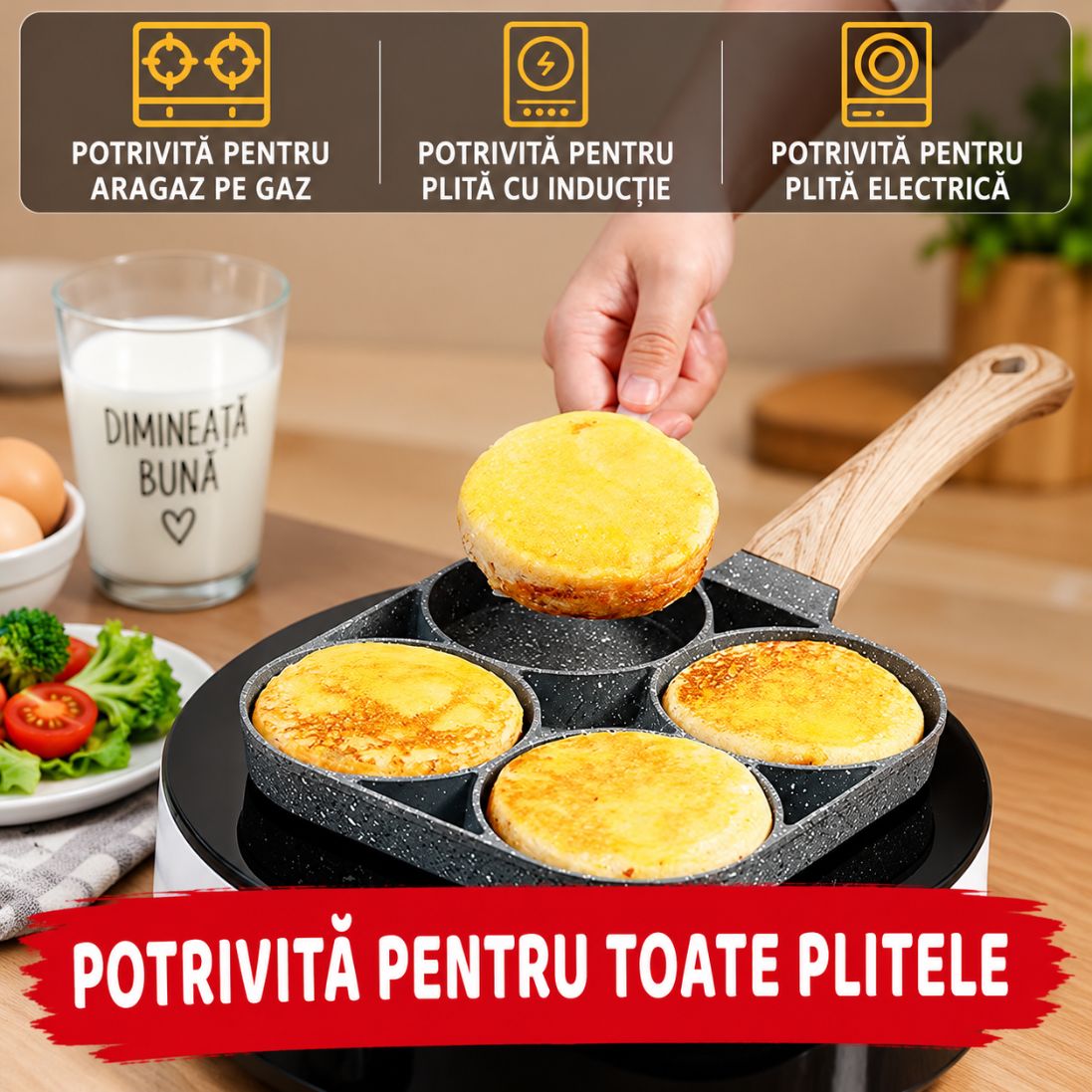 Tigaie cu 4 Compartimente – Aluminiu, Strat Antiaderent și Mâner din Lemn