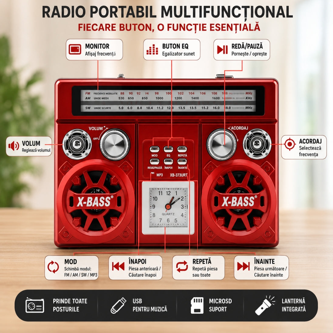 Radio Portabil cu Ceas, USB, MicroSD și Lanternă – FM / AM / SW, Baterie Reîncărcabilă