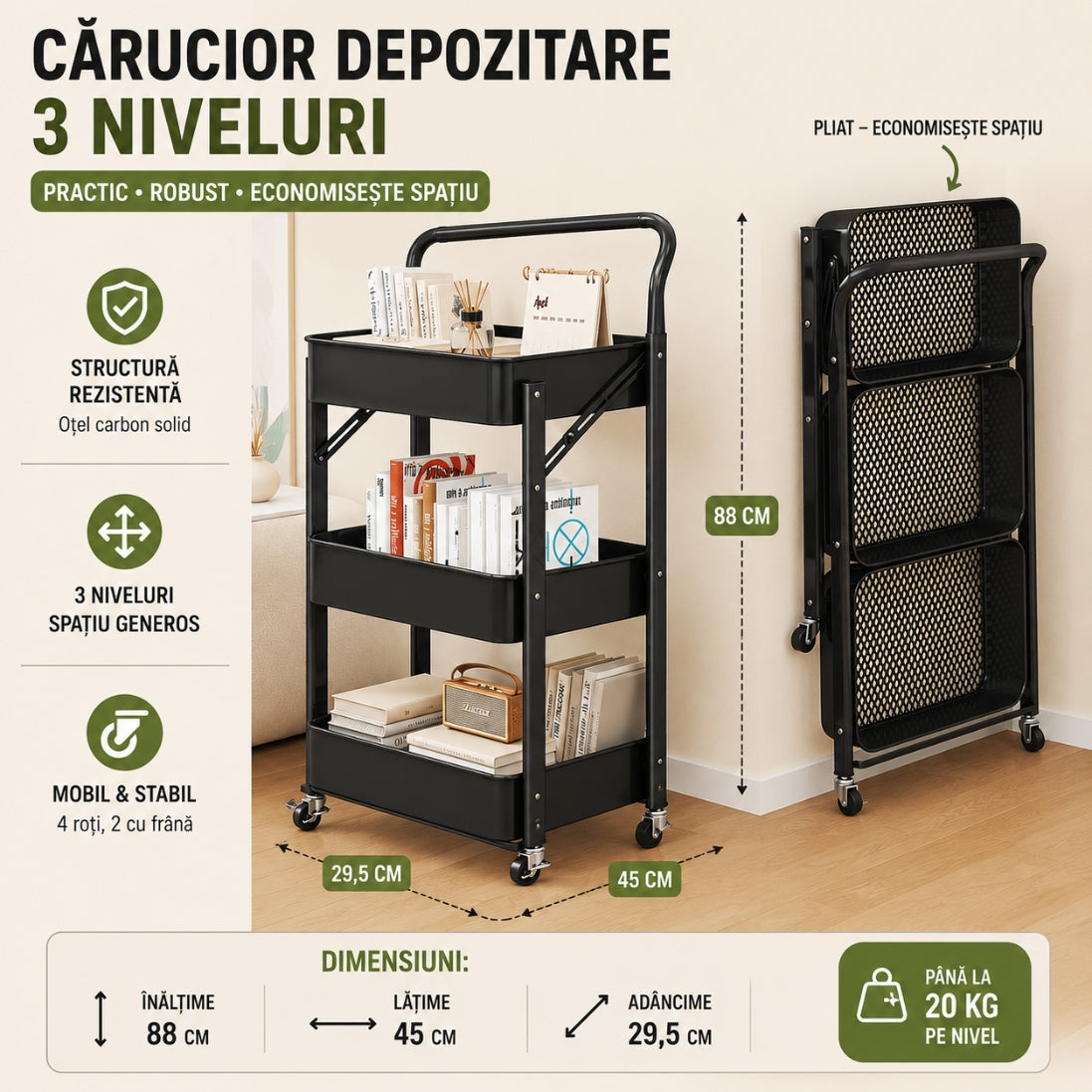 Etajera de Depozitare Pliabila cu 3 Niveluri – Metalic, cu Roți și Frâne