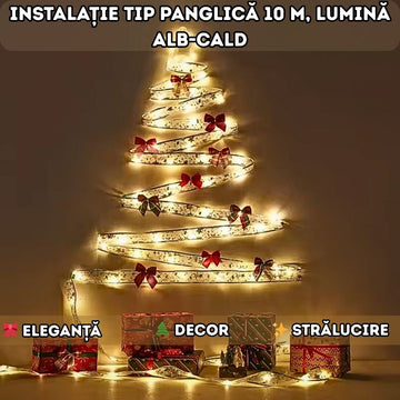 Instalație decorativă tip panglică 10 m, 100 LED-uri, lumină alb-cald – pentru Crăciun, brad, nuntă sau decor interior