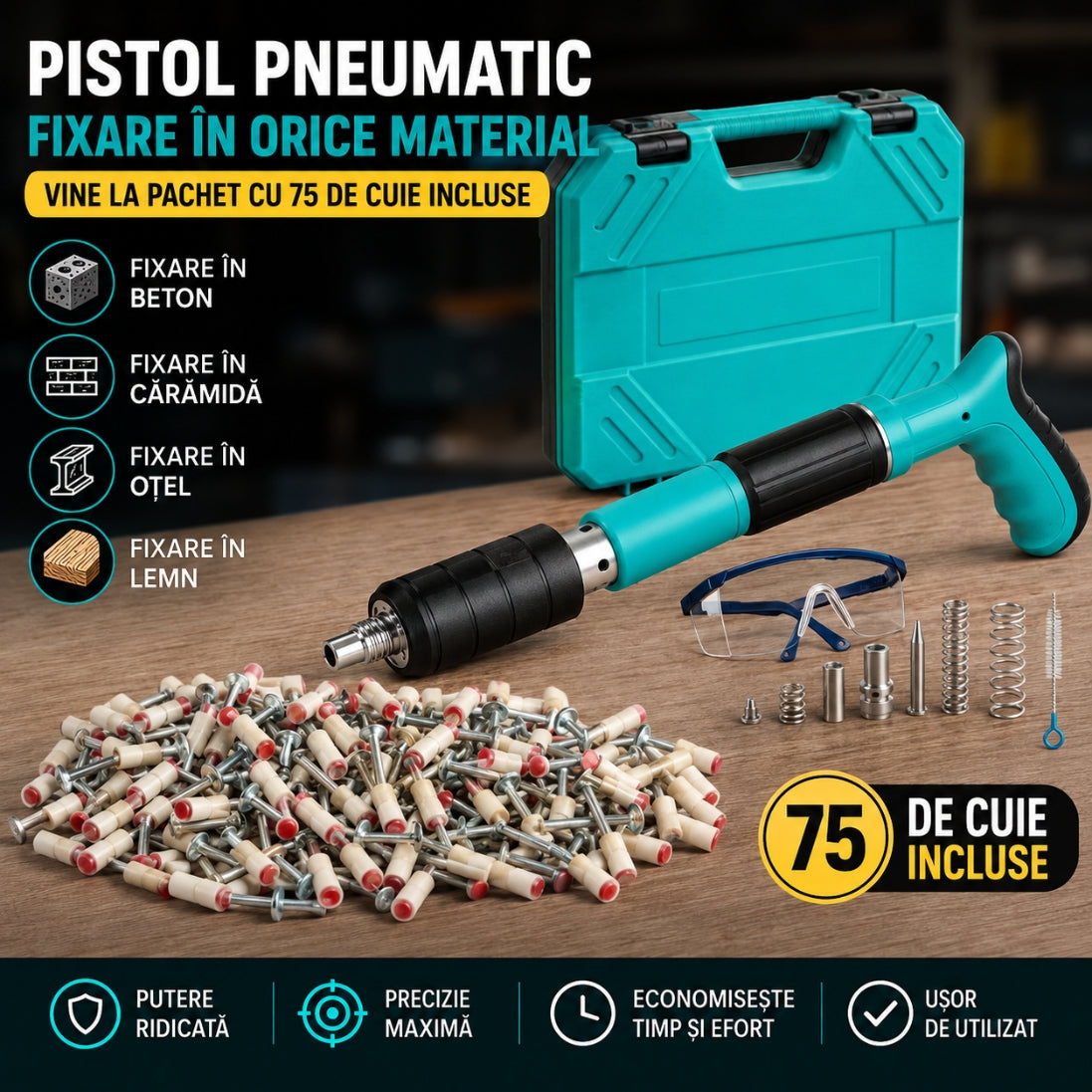 Pistol Pneumatic Profesional pentru Fixare în Orice Material – 75 Cuie Cadou