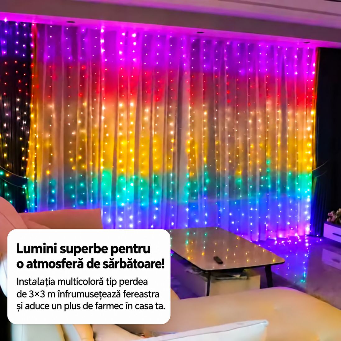 Instalație LED Tip Perdea 3×3 m Multicoloră – 300 LED-uri, Telecomandă