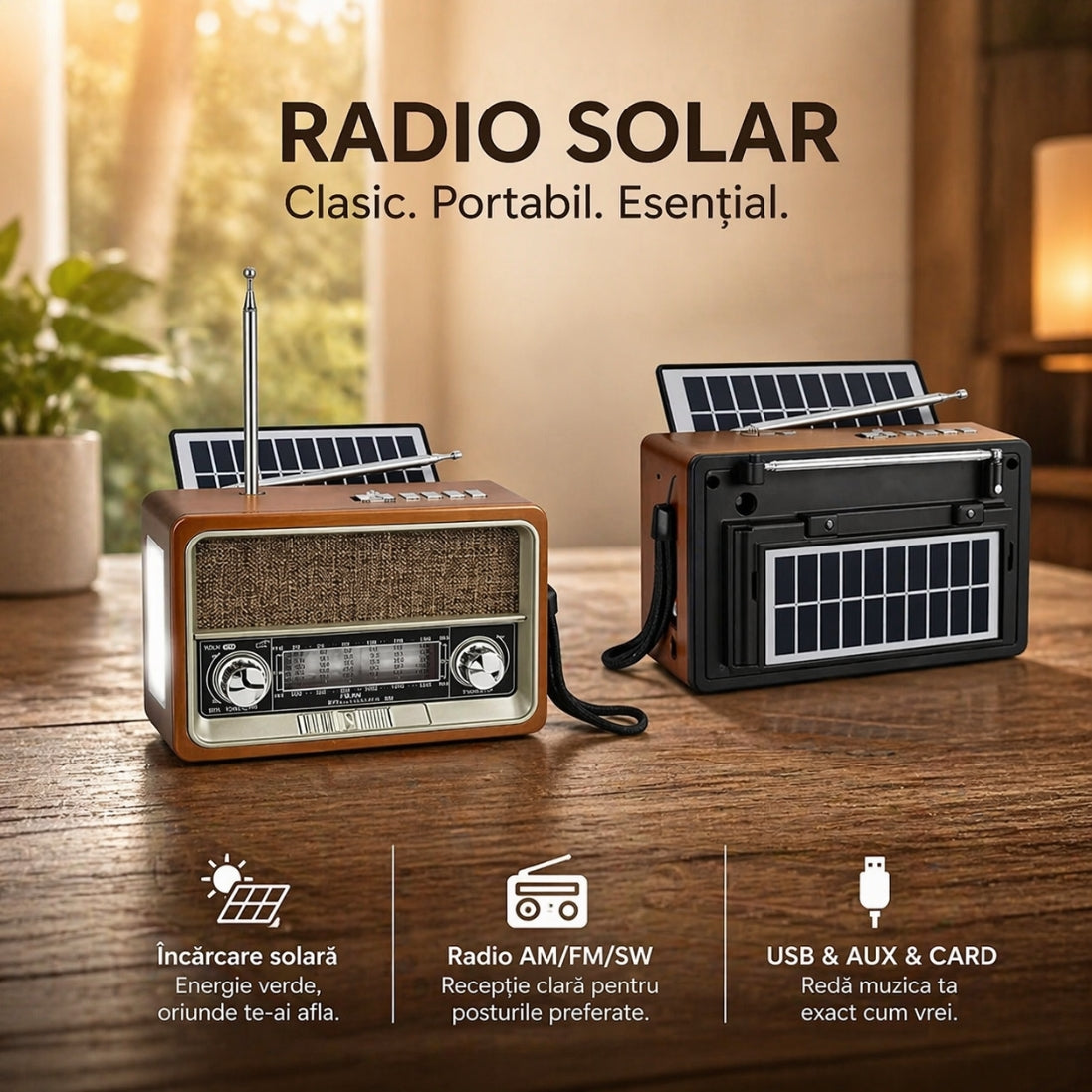 Radio FM Retro cu Încărcare Solară – Multifuncțional, USB, Lanternă