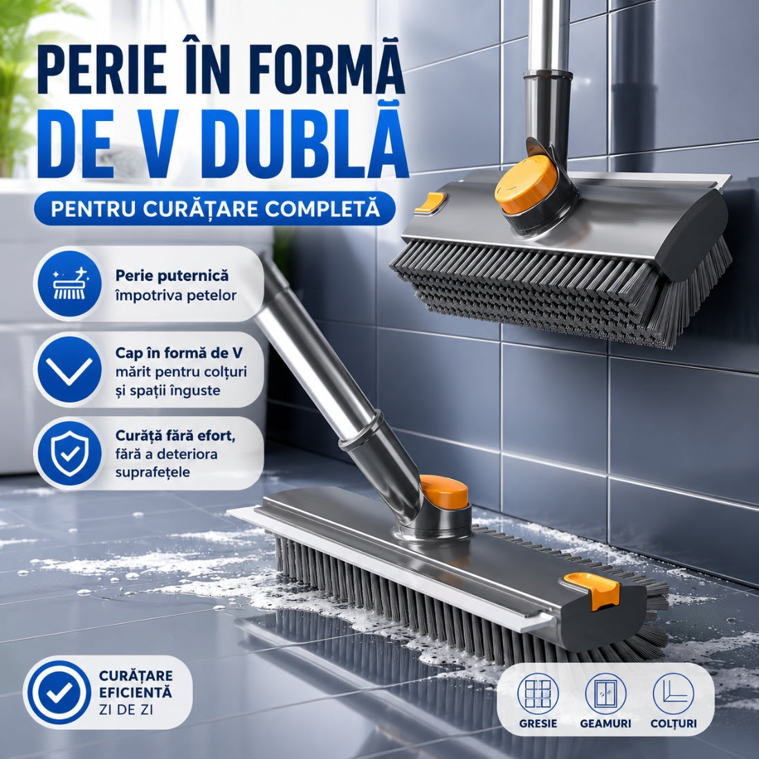 Perie de Curățat 3 în 1 cu Mâner Lung – Cap Rotativ 180°, Ideală pentru Podele, Rosturi și Colțuri