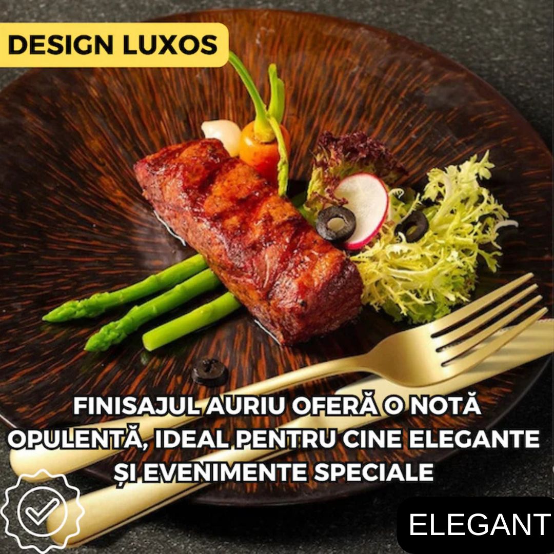 Set Tacâmuri Aurii 24 Piese – Eleganță și Răsfăț la Fiecare Masă