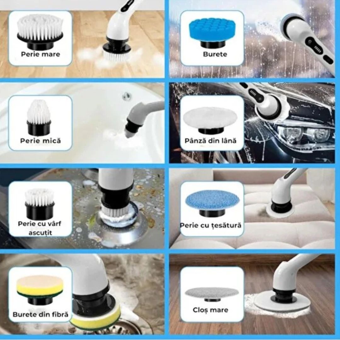 Perie Electrică Rotativă 9 în 1 - 9 capete inlocuibile, 2 viteze reglabile si mâner telescopic