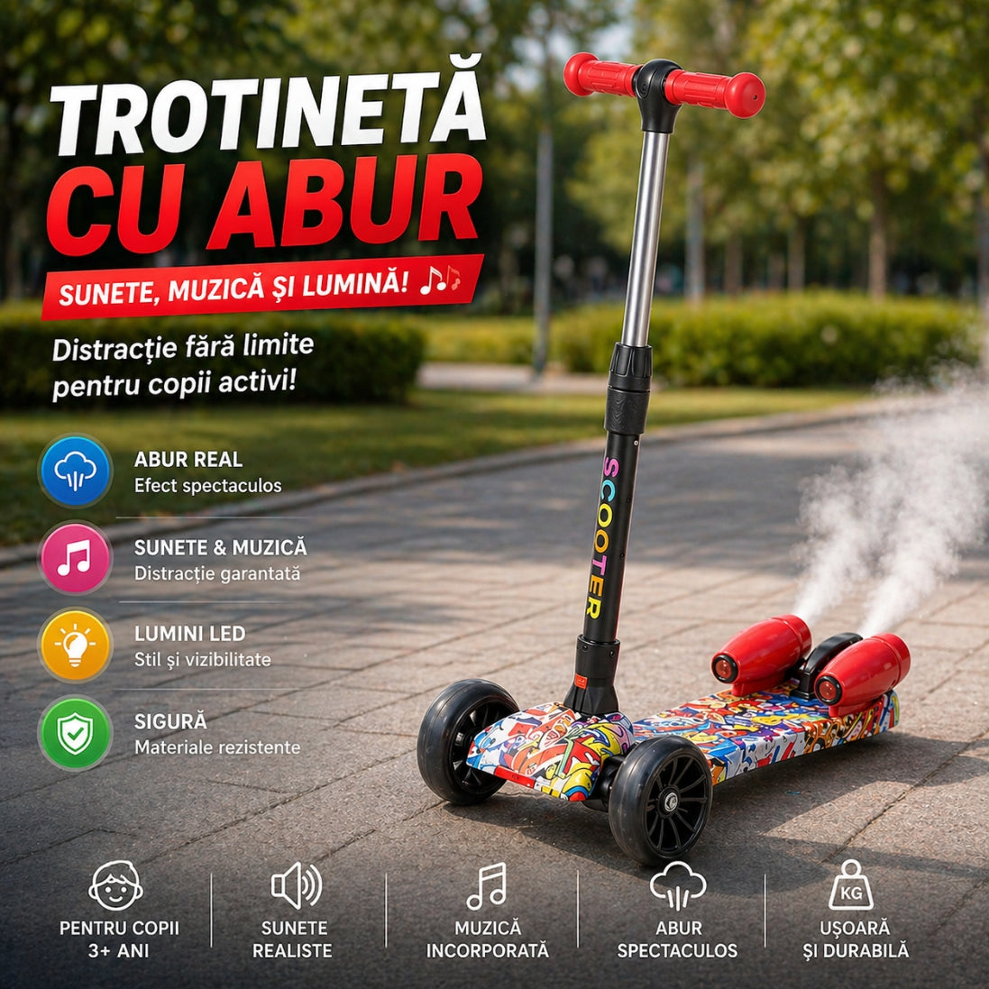 Trotinetă cu Abur pentru Copii – Sunete, Lumini și Distracție