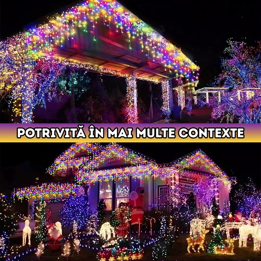 Instalație LED 12M tip franjuri – multicoloră, 300 LED-uri, 8 moduri de iluminare