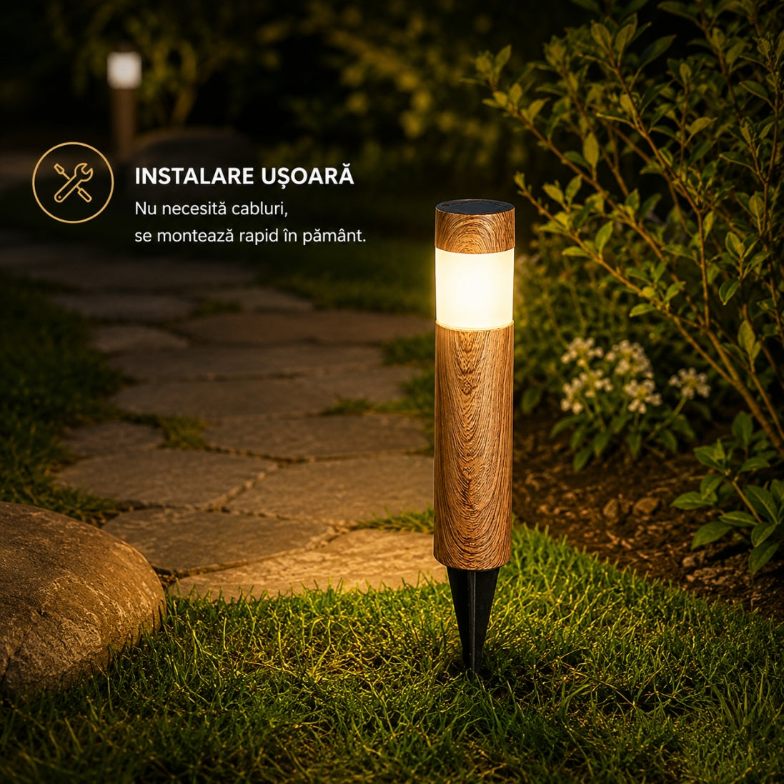 Set 4 Lămpi Solare LED Tip Lemn 38CM – Iluminare Elegantă pentru Curte și Grădină!
