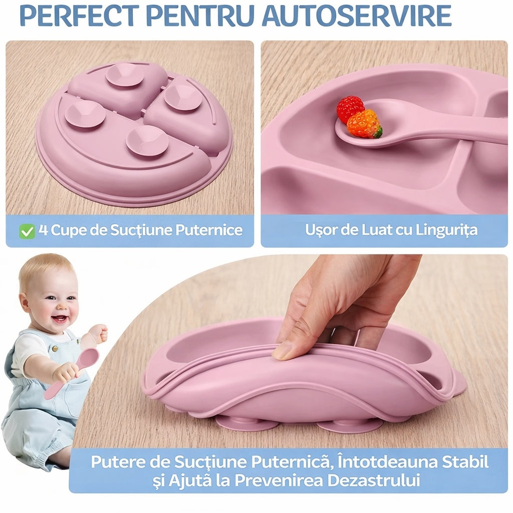 Set Premium Hrănire Bebeluși cu Farfurie, Bol, Bavetică și Tacâmuri din Silicon
