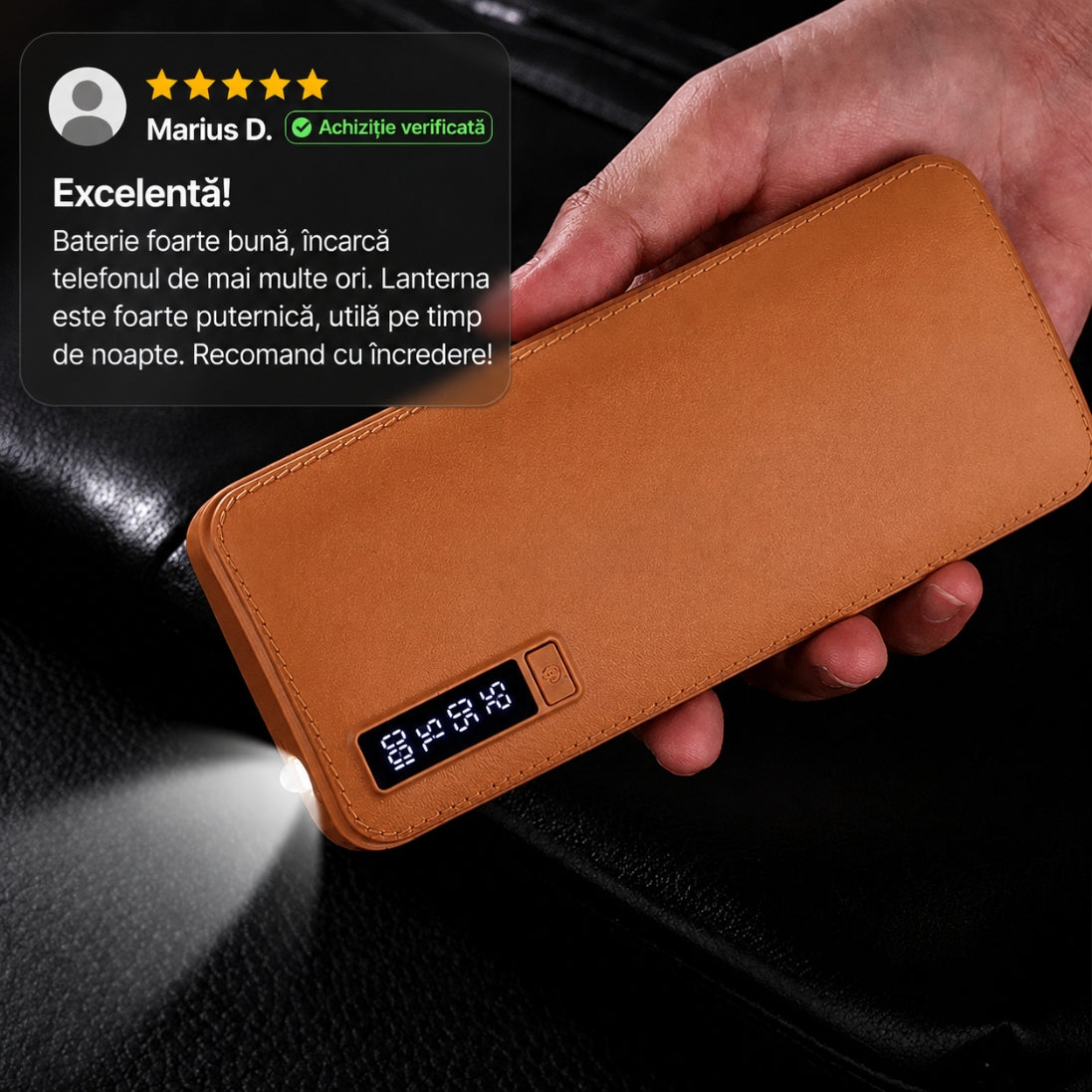Baterie Externă 30.000 mAh cu 3 Porturi USB și Lanternă LED – Afișaj Digital, Imitație Piele