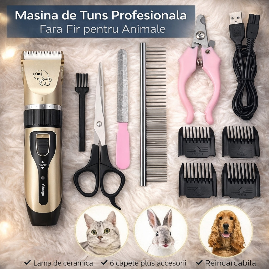 Mașină de Tuns Animale cu 4 Accesorii Reglaj +Set Complet de Îngrijire