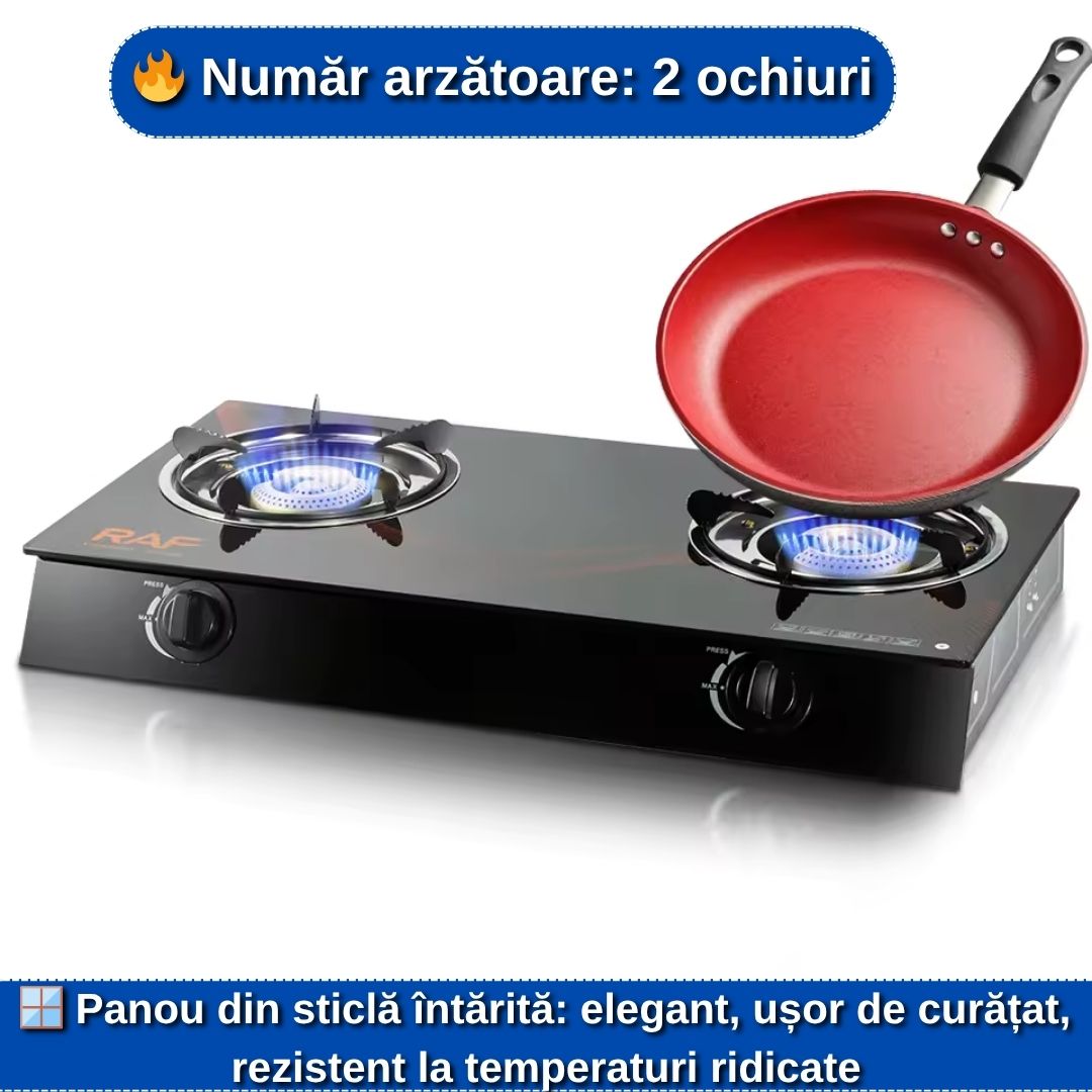 Aragaz cu 2 Ochiuri din Sticlă Termorezistentă – Alimentare la Butelie, Model Premium