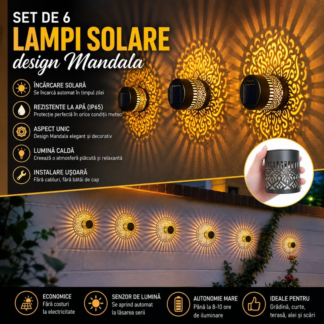 Set 6 Lămpi Solare de Perete – Design Mandala, Lumină Caldă și Decorativă