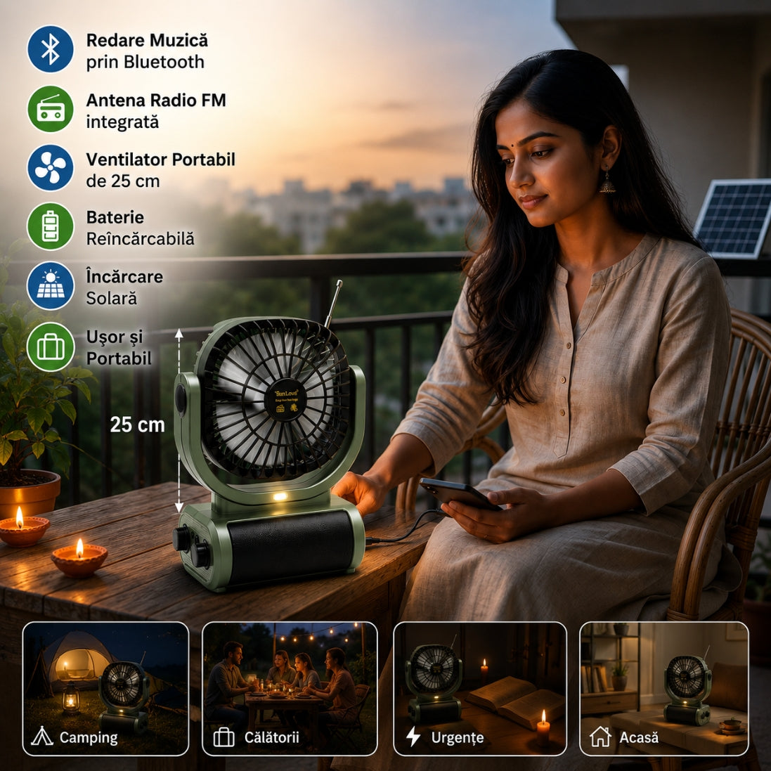 Ventilator Solar Reîncărcabil cu Radio FM, USB și Card TF – Ideal pentru Camping