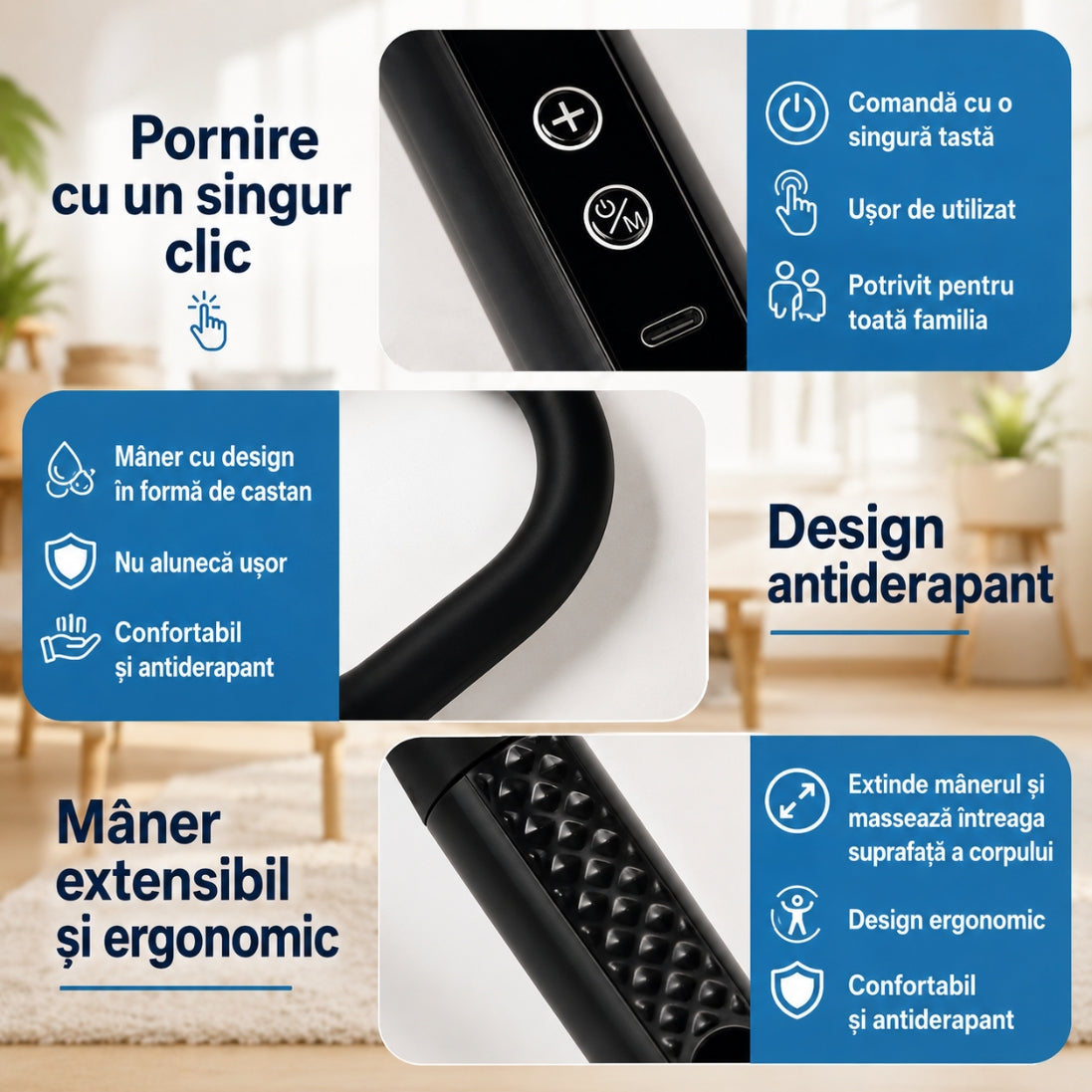 Aparat de Masaj Flexibil Reîncărcabil – 9 Trepte de Viteză, 4 Capete Interschimbabile