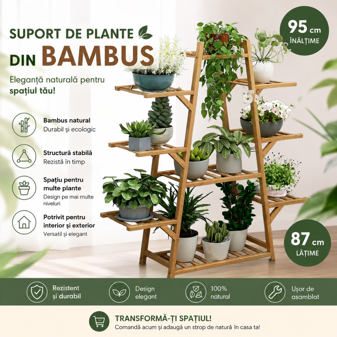 Suport pentru Plante din Bambus cu 9 Niveluri – Raft Elegant pentru Flori și Ghivece