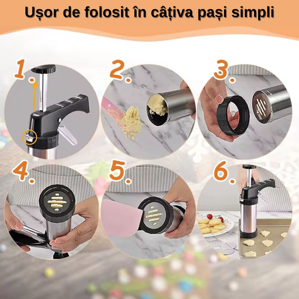 Aparat de Făcut Biscuiți cu 20 de Forme și 4 Duze – Ușor de Folosit, Rezultate Perfecte de Fiecare Dată