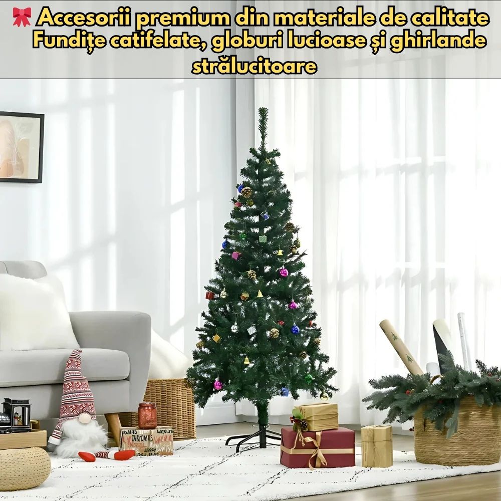 Brad Artificial Crăciun 1.80 m cu 45 Decorațiuni + Instalație LED 10 m – Totul Inclus!