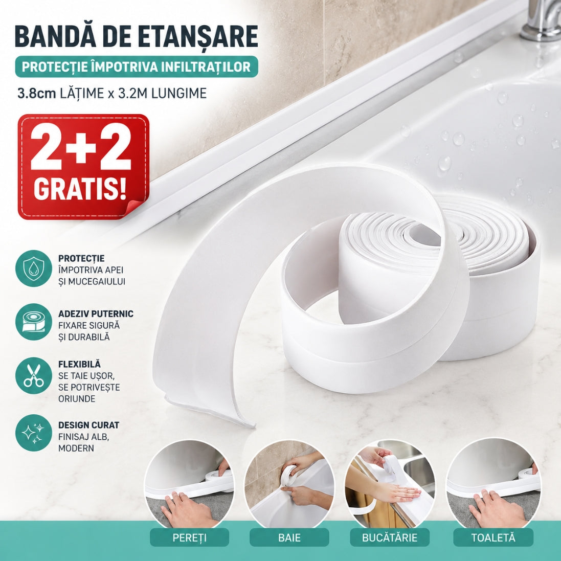 Set de 4 Benzi de Etanșare Autoadezivă 3.8 cm x 3.2 m – Protecție Împotriva Infiltrațiilor de Apă