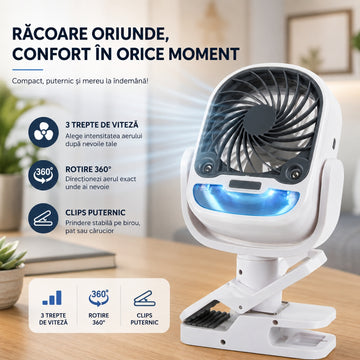 Ventilator Portabil cu Apă și Abur – 3 Viteze, Rotire 360° și Clemă de Prindere