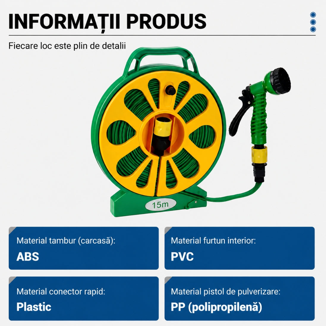 Furtun Textil Flexibil 15M cu Tambur și Pistol 7 în 1 – Udare Ușoară, Depozitare Fără Bătăi de Cap!