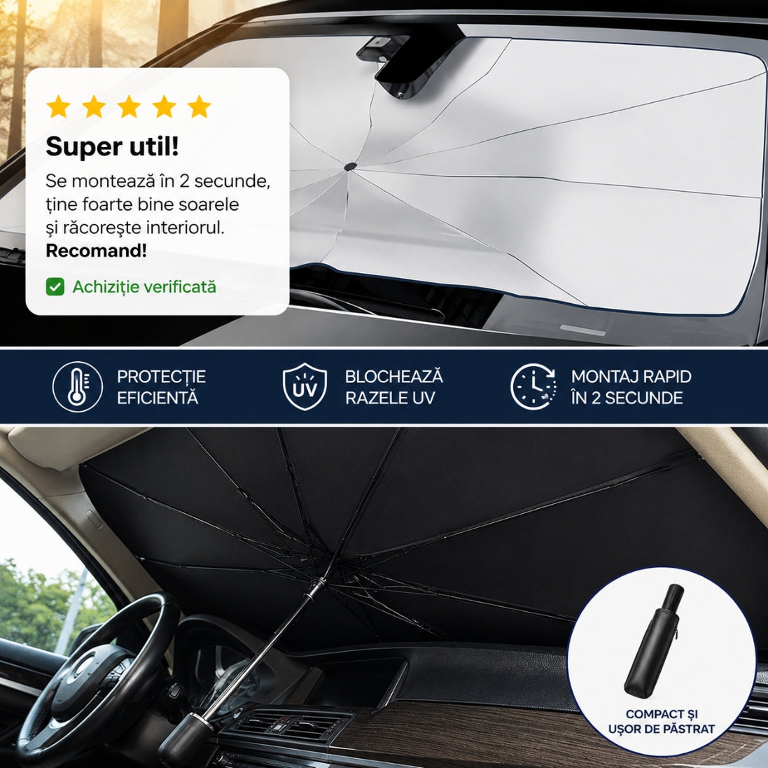 Parasol Auto Tip Umbrelă – Protecție UV + Interior Răcoros, Montare în 3 Secunde