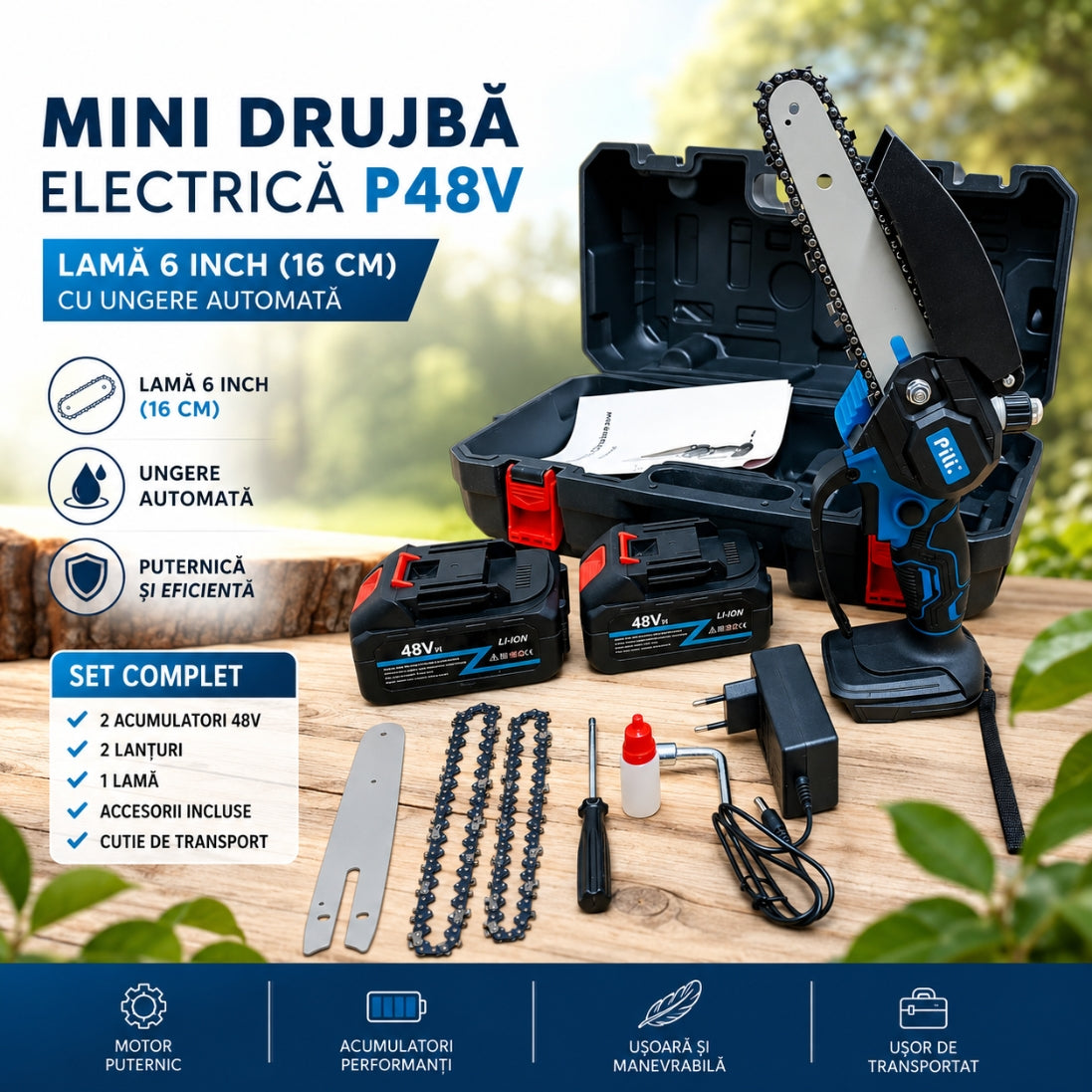 Mini Drujbă Electrică 48V cu UNGERE automata – Puternică, Compactă și Ușor de Folosit în Grădină